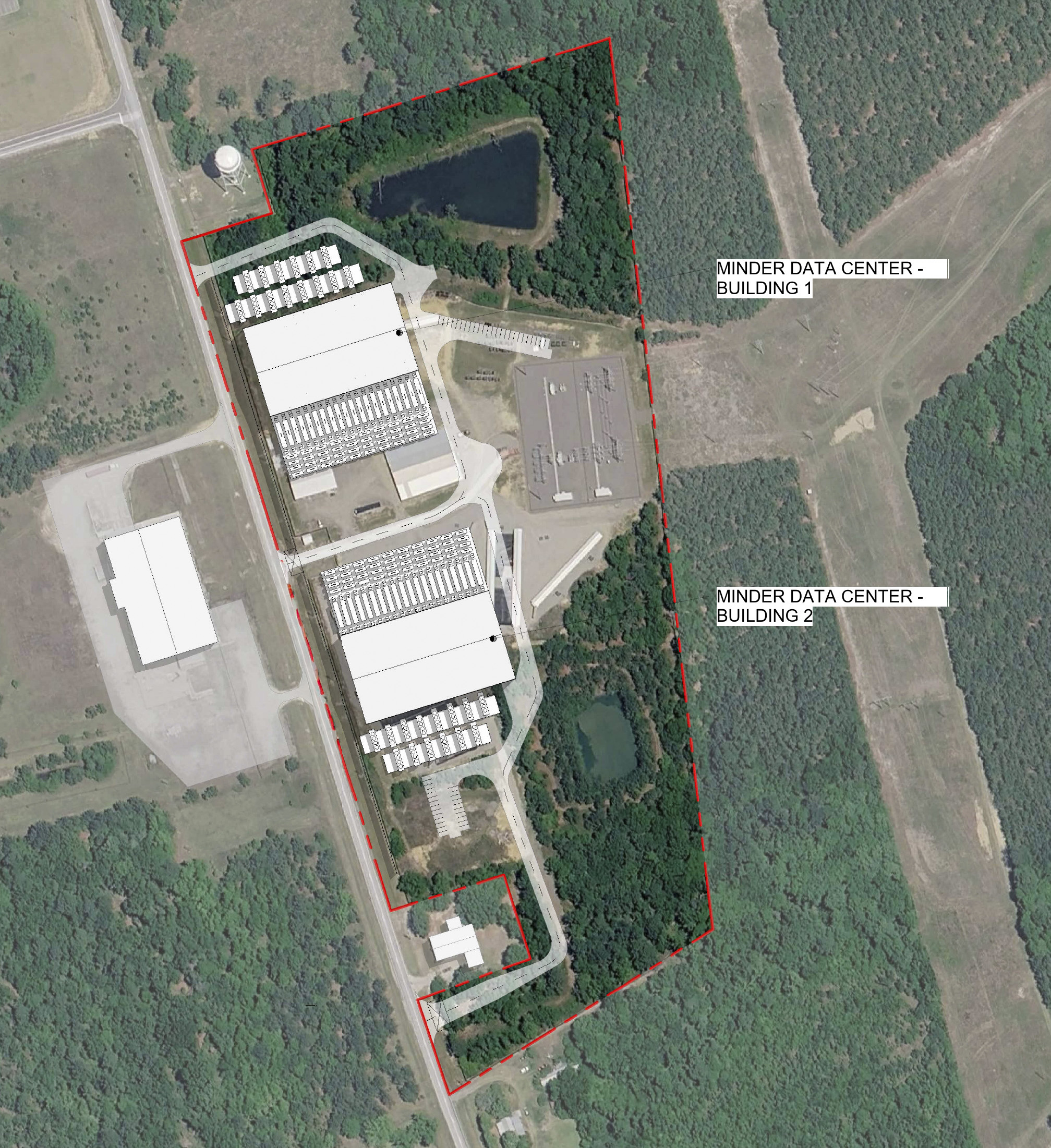 Aerial site overview of the Minder campus showing Data Center Buildings 1 and 2, the substation and the property boundary along Industrial Park Road